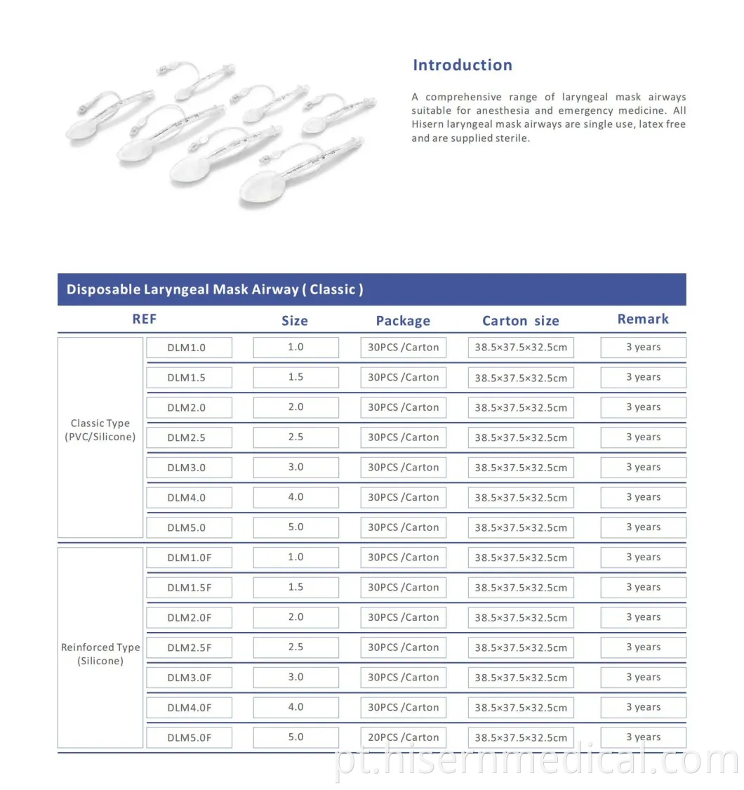 Máscara laríngea descartável (clássico) de PVC / silicone